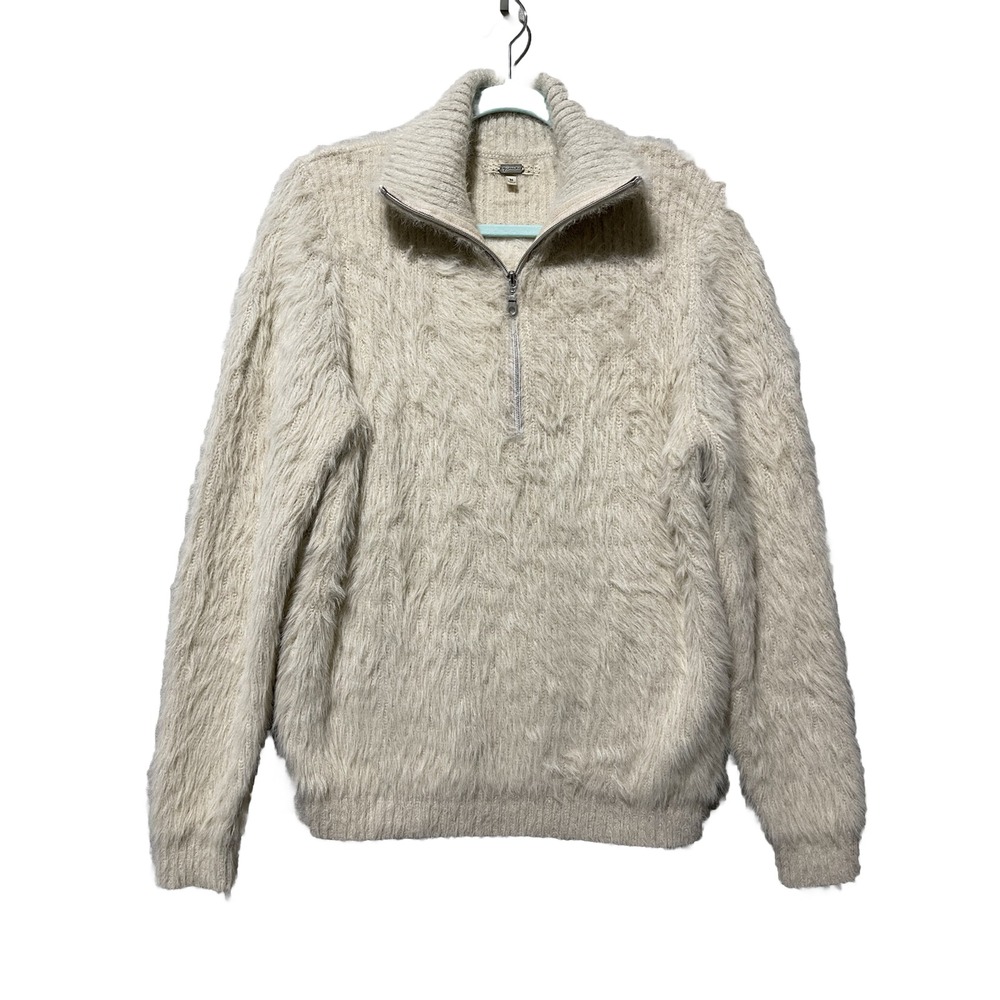 Gimmicks BKE Pullover Womens Medium Beige 1/4 Zip Sweater Faux Fur Collar Cottag